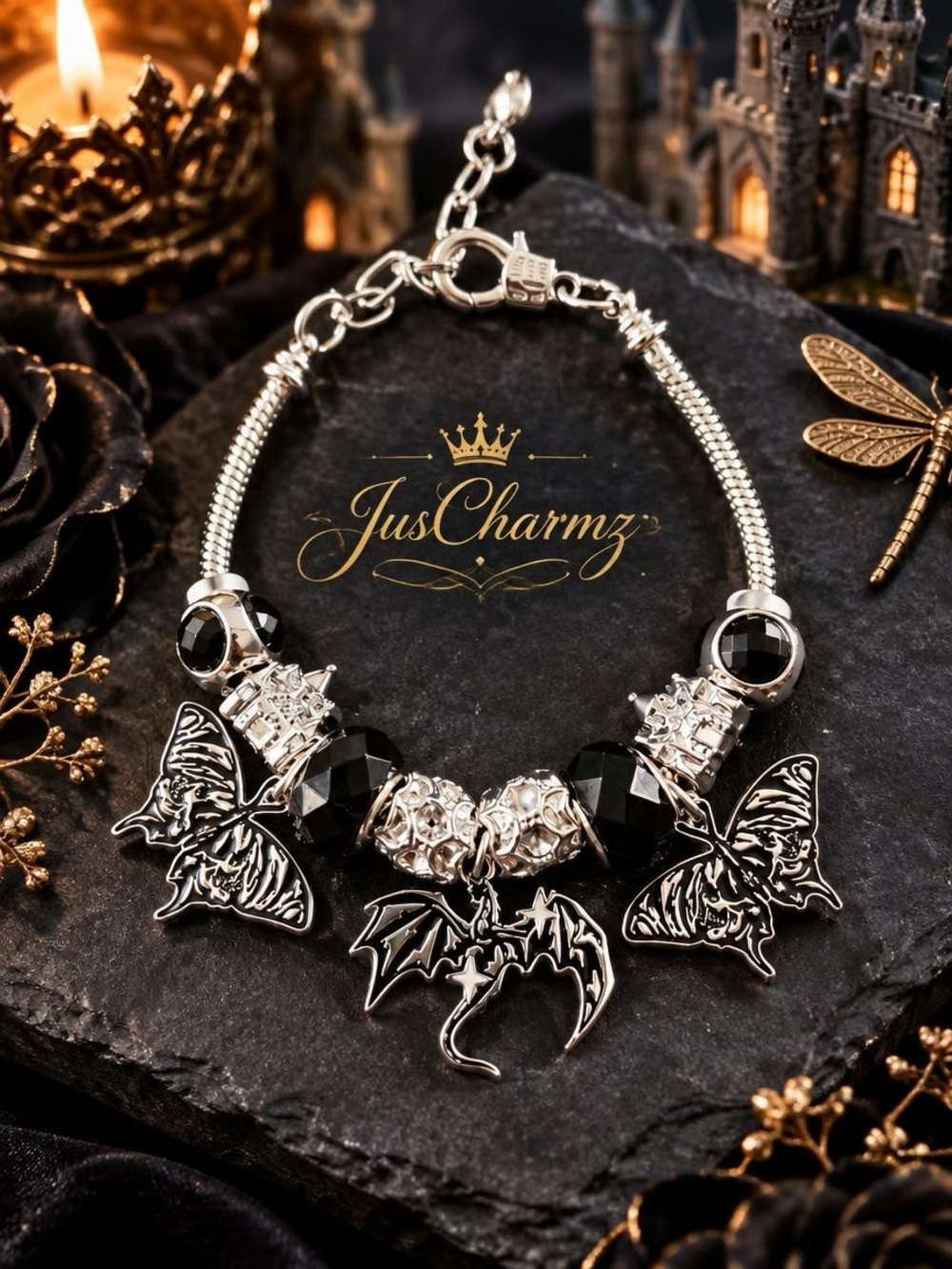 Gothic Butterfly & Bat Charm Bracelet